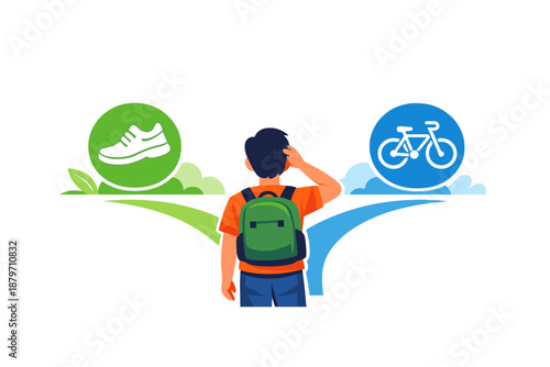 Person choosing between walking and cycling with icons representing each option