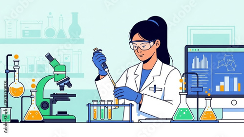 A scientist working in a laboratory with various equipment and a computer