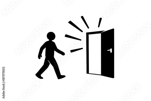 Silhouette of a person walking towards an open door with light emanating from it