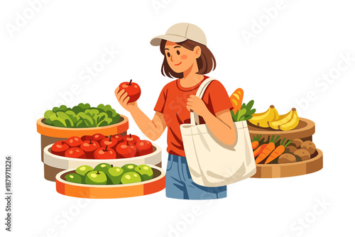 Woman selecting fresh apple at a grocery store