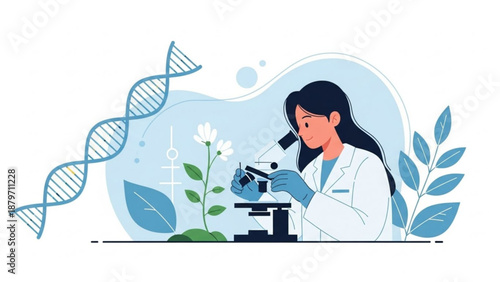 A scientist examining a plant under a microscope in a laboratory setting