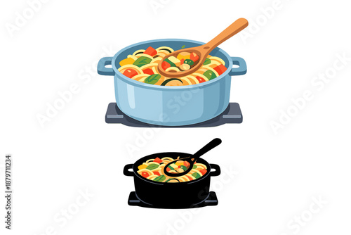 Pasta with Vegetables in Cooking Pots