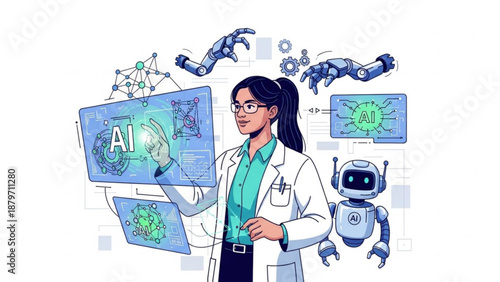 A scientist in a lab coat interacts with futuristic AI technology and robots
