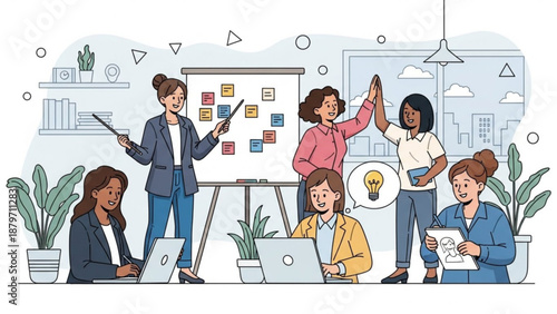 A diverse group of women collaborating and brainstorming in a modern office setting