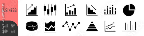 Business data charts. Diagrams and graphs. Business data market elements, statistic and data, infographics business, money, down or up, analytic report. Set of financial marketing black diagrams