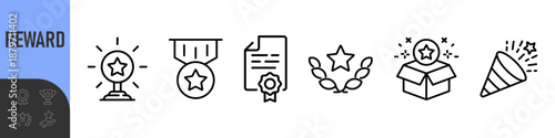 Reward set of web icons in line style. A collection of linear icons representing various reward concepts, including gift, trophy, recognition, reward program, medal, bonus, and more	
