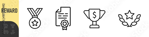Reward set of web icons in line style. A collection of linear icons representing various reward concepts, including gift, trophy, recognition, reward program, medal, bonus, and more	
