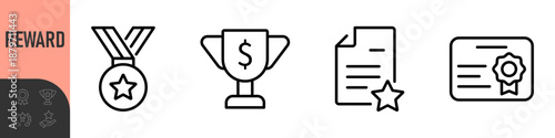 Reward set of web icons in line style. A collection of linear icons representing various reward concepts, including gift, trophy, recognition, reward program, medal, bonus, and more	

