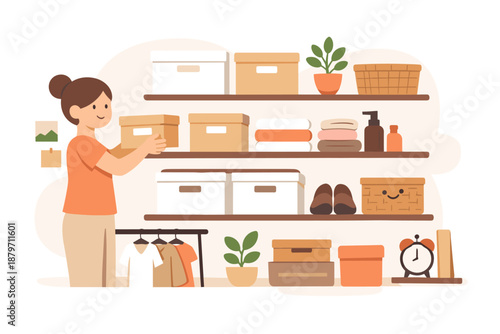 Woman organizing boxes on shelves