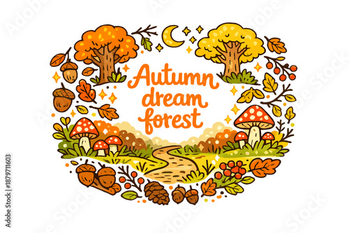  Autumn dream forest. Hand-drawn doodle illustration of Autumn dream forest. dreamy trees,