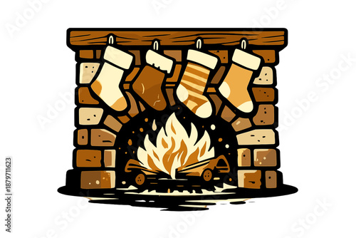 Rustic Holiday Fireplace. Rustic Fireplace Stockings. A brick fireplace with simple stockings hanging unevenly