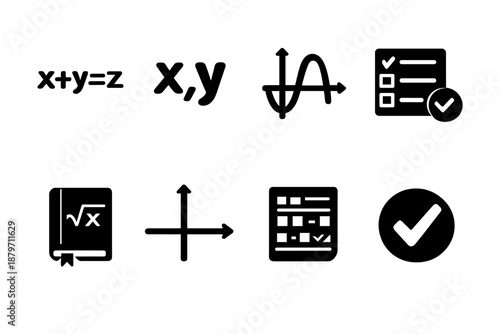 Algebra Icon Set. Algebra. Filled icon set of Algebra: algebraic equation, variable symbols, polynomial graph,