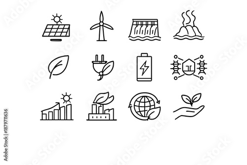 Renewable Energy Icons. Renewable Energy. Line outline icon set of renewable energy: solar panel, wind turbine