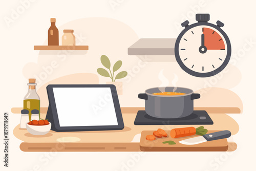 Cooking scene with tablet and stopwatch