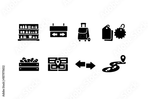 Grocery Aisles Icons. Grocery Aisles. Filled icon set of Grocery Aisles: product shelves, aisle signs, trolley