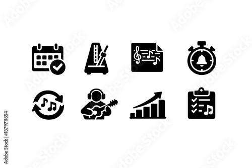 Music Practice Icons. Music Practice. Filled icon set of Music Practice: daily practice, metronome, sheet