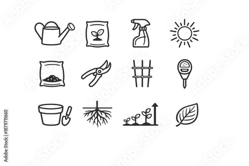 Plant Care Icons. Plant Care. Line outline icon set of plant care: watering can, fertilizer bag, plant spray,