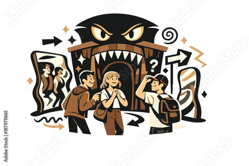  Creepy funhouse entrance. Distorted mirrors, glowing eyes above the door, visitors