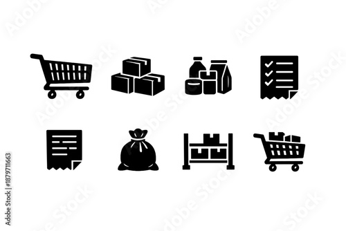 Bulk Shopping Icons. Bulk Shopping. Filled icon set of Bulk Shopping: large shopping cart, multiple boxes,
