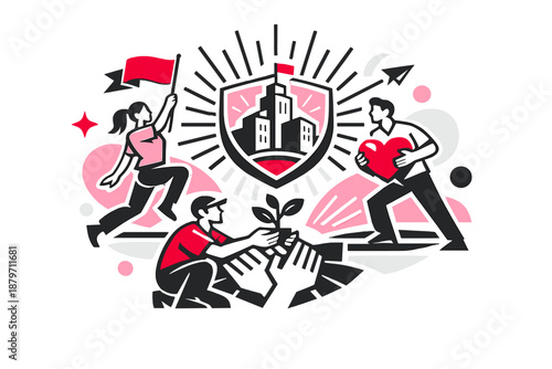  Civic pride abstract scene. Radiating forms and emblem-like geometry expressing