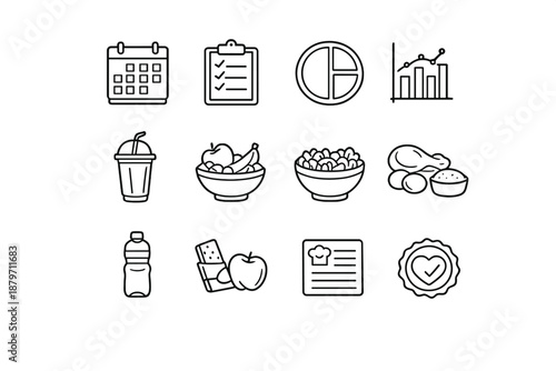 Black Line Diet Icons. Diet Plans. Line outline icon set of diet plans: meal calendar, checklist clipboard,