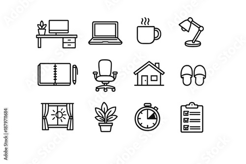  Work From Home. Line outline icon set of work from home: home office desk, laptop, coffee