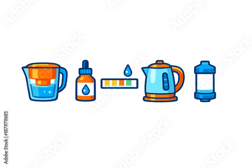 Water filter pitcher, dropper bottle, color bar, electric kettle, and water bottle icons