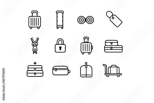 Rolling Luggage Icons. Rolling Luggage. Line outline icon set of rolling luggage: rolling suitcase, trolley