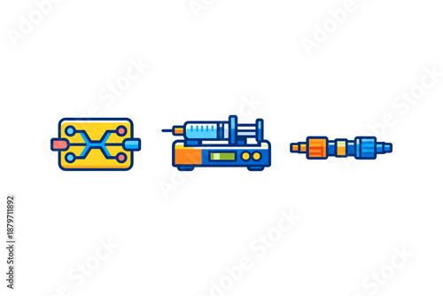 Technology icons: network switch, syringe pump, and coupling