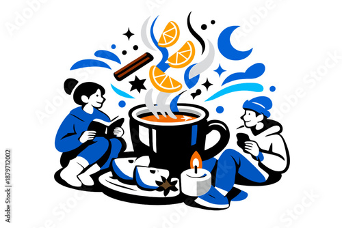 Cozy Cider Steam. Cozy Evening Drink. Apple cider on a table, orange slices drifting in steam above the cup.