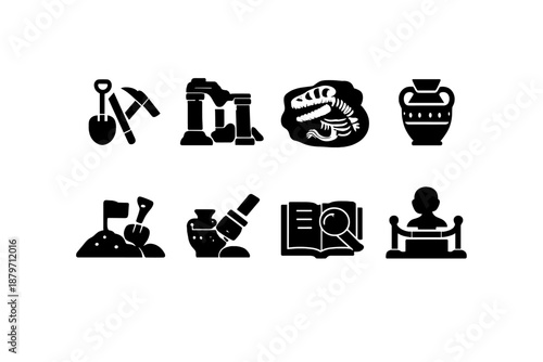 Archaeology Icon Set. Archaeology. Filled icon set of Archaeology: excavation tools, ancient ruins, fossil
