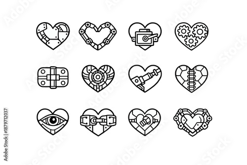  Mechanical Valentine icons. Line outline icon set of Mechanical Valentine icons: robotic