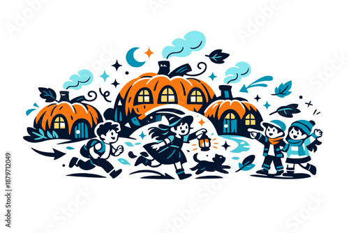  Pumpkin village. Cozy houses carved from giant pumpkins, warm windows glowing, soft smoke