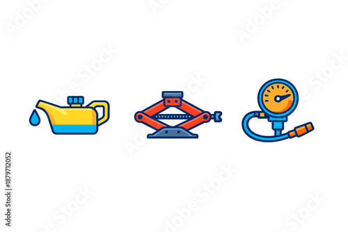 Car maintenance icons: oil can, car jack, tire pressure gauge