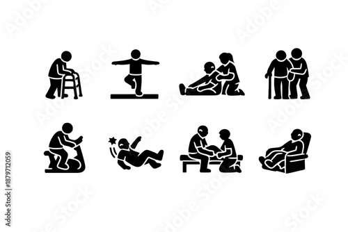 Elderly Physiotherapy Icons. Elderly Physiotherapy. Filled icon set of Elderly Physiotherapy: senior walking