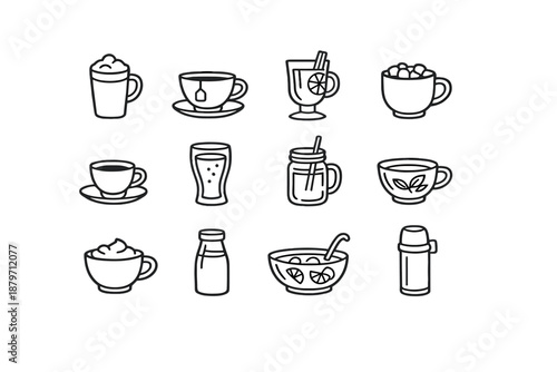 Winter Drink Icons. Winter beverage icons. Line outline icon set of winter beverage icons: latte mug, tea cup,