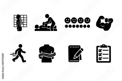Physiotherapy Icon Set. Physiotherapy Assessment. Filled icon set of Physiotherapy Assessment: posture