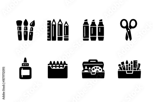  Art Supplies. Filled icon set of Art Supplies: paint brushes, pencil set, marker pens,