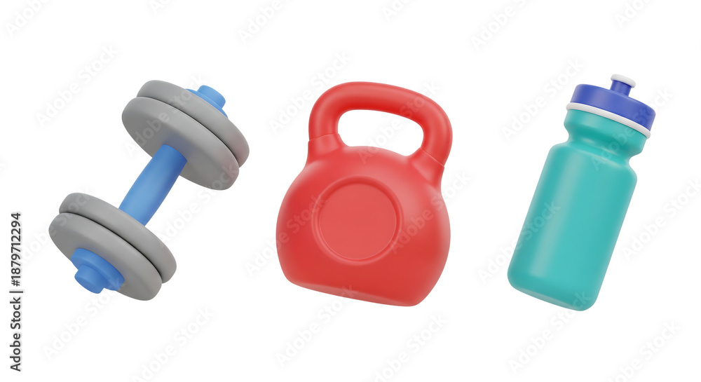 Fototapeta premium 3D icon set for fitness and sports: dumbbell, kettlebell, and water bottle, isolated on transparent background
