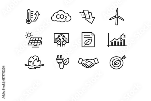 Climate Action Icons. Climate Action. Line outline icon set of climate action: global warming thermometer, CO2