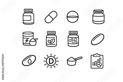 Vitamins & Supplements Icons. Vitamins & Supplements. Line outline icon set of vitamins & supplements: vitamin