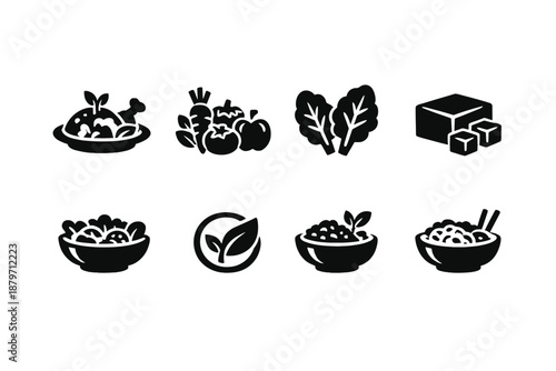 Vegan Food Icons. Vegan Food. Filled icon set of Vegan Food: plant-based meal, fresh vegetables, fruits, leafy