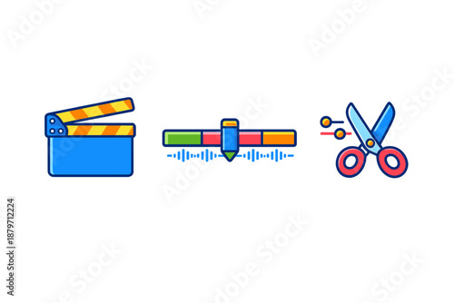 Video editing icons: clapperboard, slider, and scissors