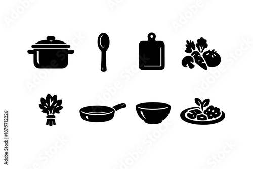 Vegan Cooking Icons. Vegan Cooking. Filled icon set of Vegan Cooking: cooking pot, wooden spoon, cutting board