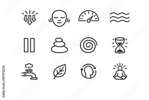  Stress management. Line outline icon set of Stress management: stress release arrows, calm