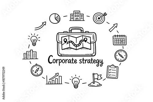  Corporate strategy. Hand-drawn doodle illustration of Corporate strategy. In the middle, one
