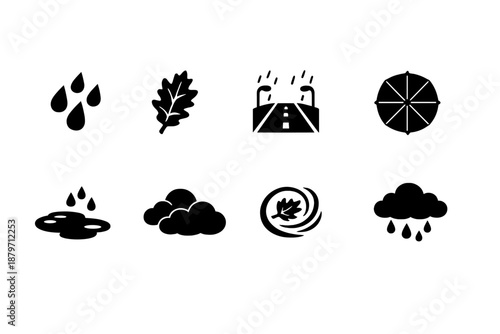  Rainy fall season. Filled icon set of Rainy fall season: falling raindrops, oak leaf, rainy