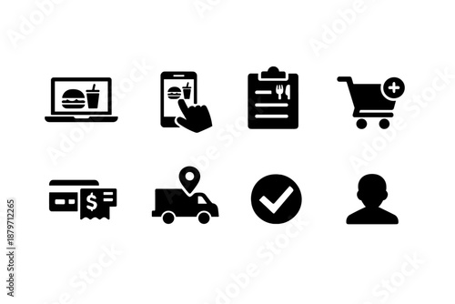 Online Ordering Icons. Online Ordering. Filled icon set of Online Ordering: laptop with food app, smartphone