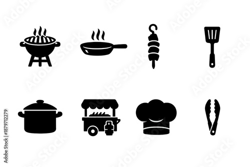 Street Food Icons. Street Food Cooking. Filled icon set of Street Food Cooking: grill, frying pan, skewer,