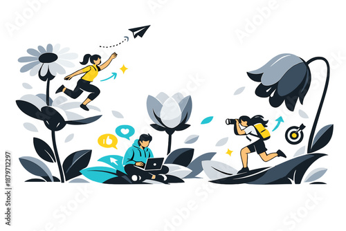  Quiet giant flower garden. Minimal silhouettes of massive flowers, soft floating petals,